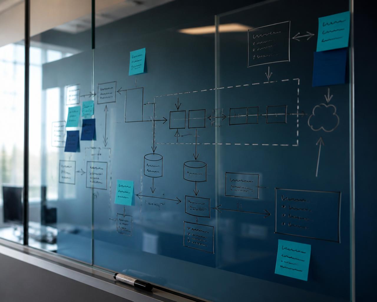 Glass wall covered with a hand-drawn nine-layer AI system architecture diagram and sticky notes
